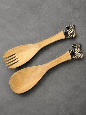 African Maasai Tribe Hand Carved Wooden Zebra Salad Servers Fork Spoon Set NEW